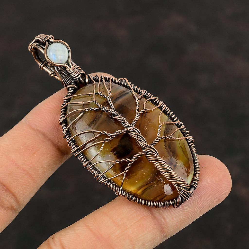 Древо Жизни Монтанский Агат Медный Кулон Кулон из проволоки Ручной работы Кулон с драгоценным камнем Кулон с лунным камнем Подарок для нее Медные украшения из проволоки