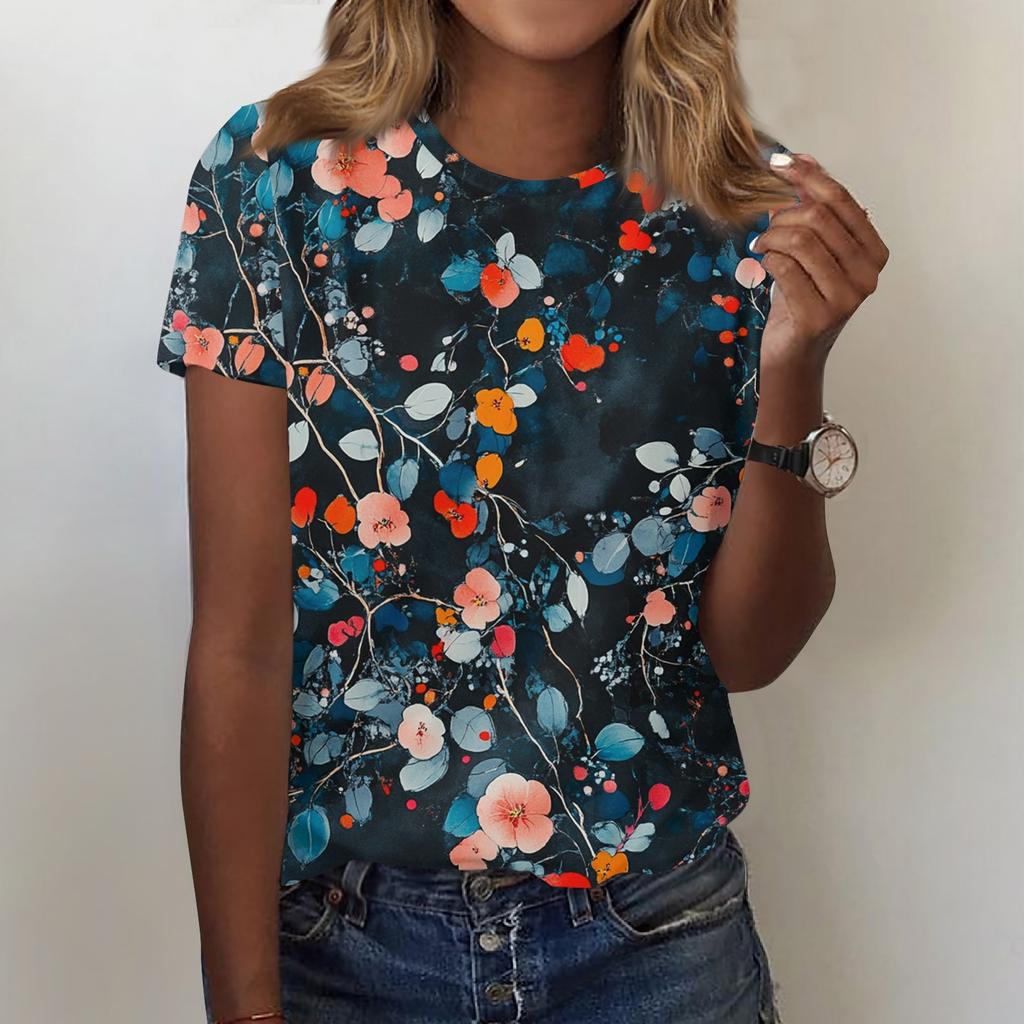 Women's Fashion Casual Printed Round Neck Short Sleeved T-Shirt Top T-Shirt Top Top