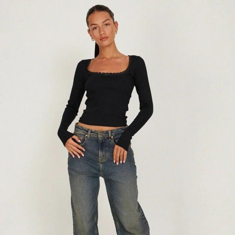 Casual Y2K Lace Square Collar Sexy Knitted T-shirt Women Bottoming Long Sleeve Tshirt Woman Slim Fit Soild Lady Tees Tops 30600