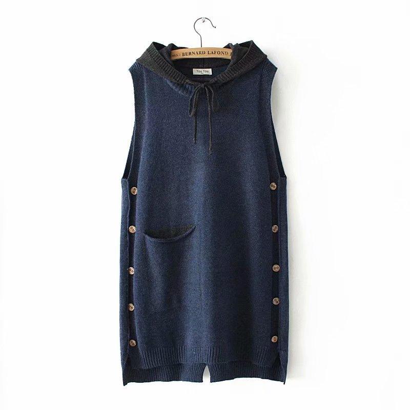 Casual Hooded Knitted Vests Plus Size Women Spring Autumn Outerwear Pockets Loose Sleeveless Vest