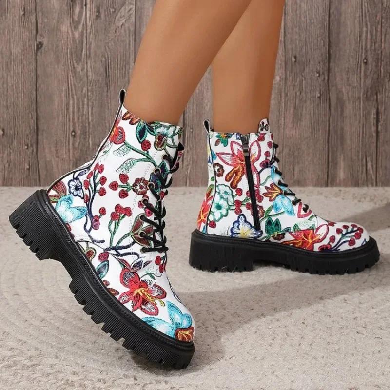 2025 осень зима новый стиль PU кожаный принт шнуровка короткие ботинки панк стиль платформы женские квадратный каблук круглый носок ботильоны