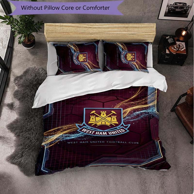 West Ham United Football 3 Piece Bedding Set Soft Duvet Cover Set with Pillowcases Printed Bedroom Decor Set for Home