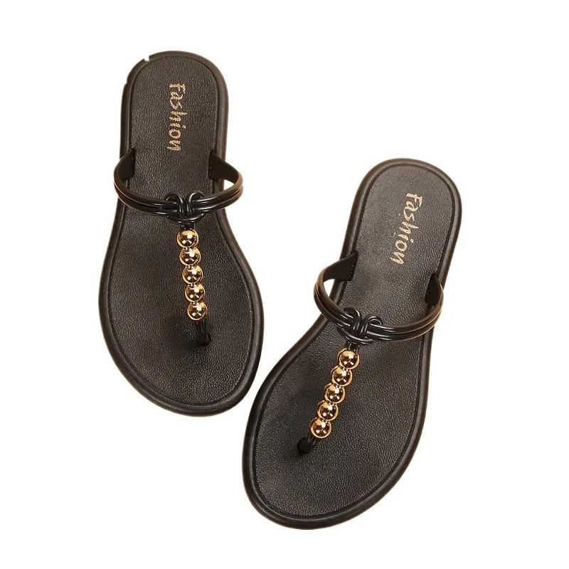 Мода 2024 года, высококачественная женская обувь, женские тапочки на мелкой подошве, модные пляжные тапочки с бисером, женские новые тапочки с открытым носком на плоской подошве