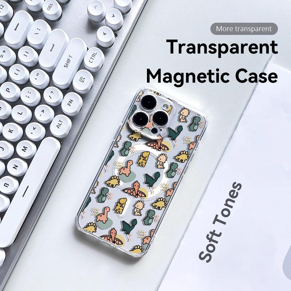 Мультяшные милые динозавры Чехол для телефона для iPhone 17 16 15 14 13 12 Pro Max Plus С магнитным Кристально чистый чехол Беспроводная зарядка