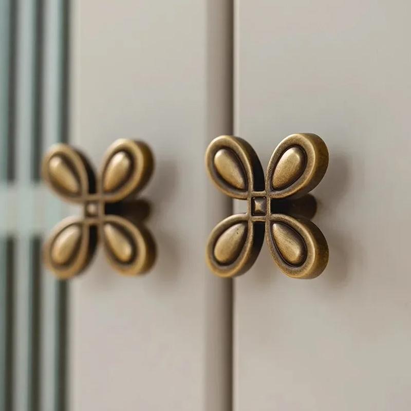 1Pc Drawer Door Handle Bright Silver Leaf Clover Luxury Brass Handle French Cabinet Full Copper Wardrobe