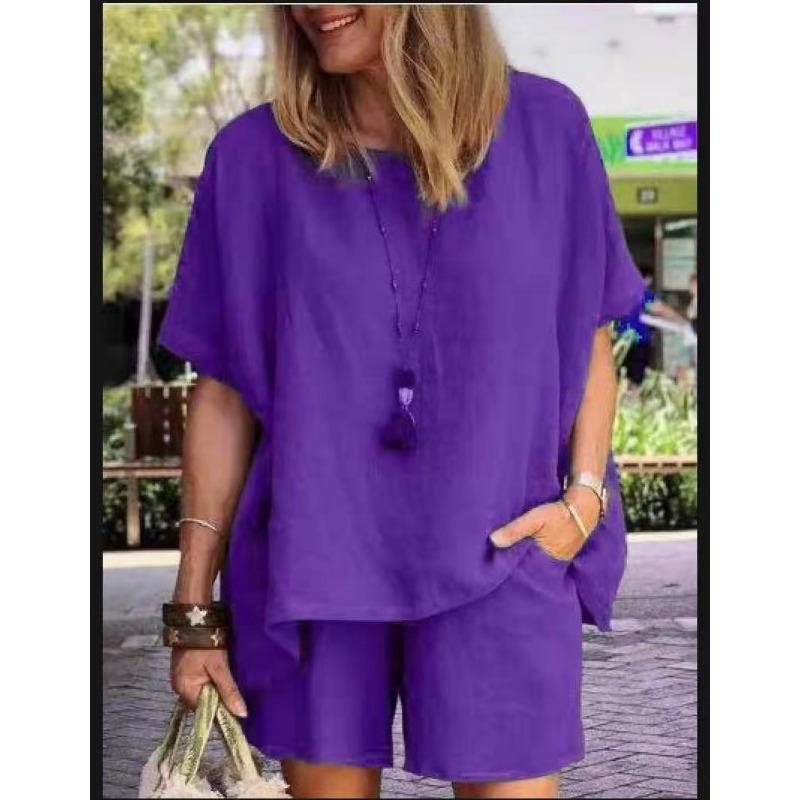 Women Casual Cotton Outfits Summer Half Sleeve T-shirt and Shorts Two Piece Suit Set