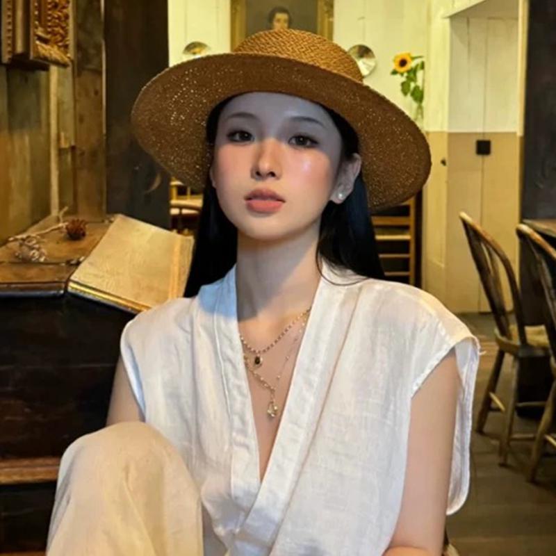 Женская ретро фетровая шляпа федора с плоским верхом из соломенного плетения - Летняя защита от солнца для пляжа у моря