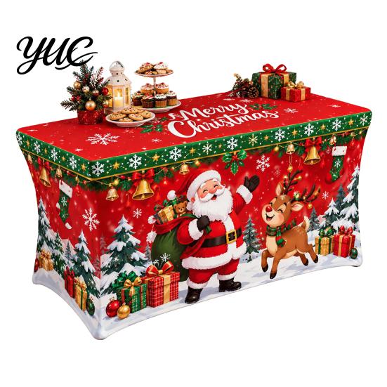 Indoor Outdoor Table Linens Christmas Stretch Cover, 4FT 6FT 8FT Gingerbread House Rectangular Protector, Festive Tablecloth for Candy Cane