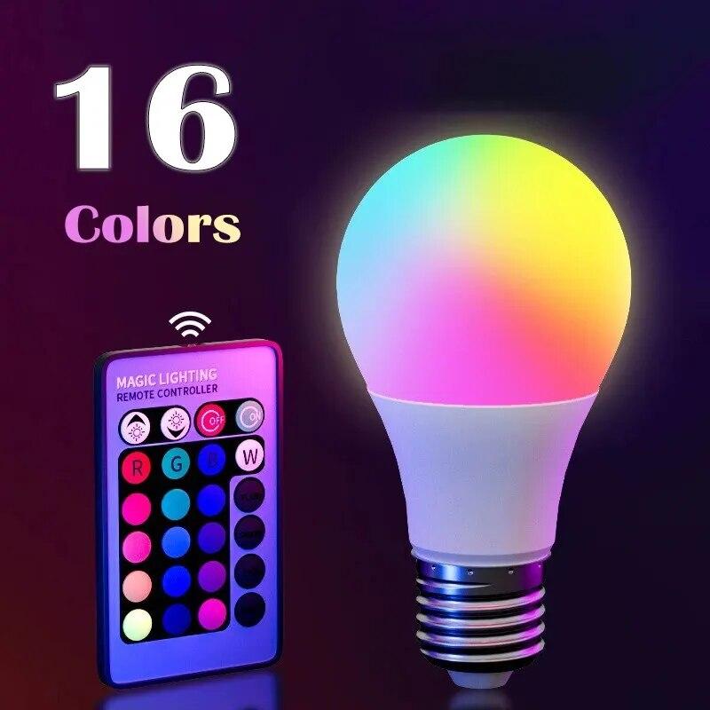 Светодиодная лампа RGB с 16 цветами, цоколь E27, напряжение 220 В, для домашнего освещения, с регулировкой яркости и 24-кнопочным пультом дистанционного управления, умная лампа для создания атмосферного освещения.