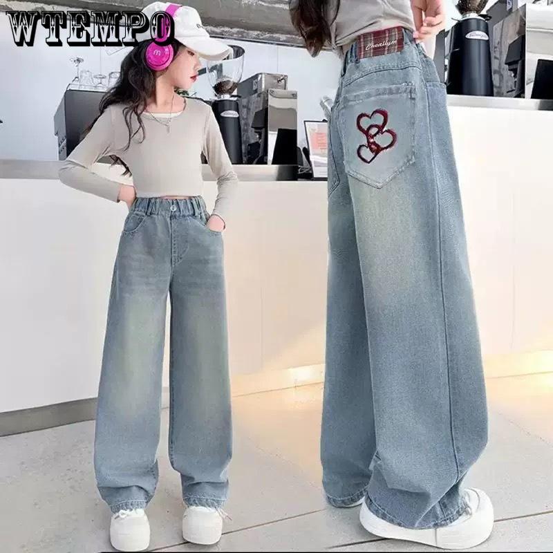 Девичьи джинсовые брюки с широкими штанинами Девичьи осенние стильные длинные брюки Весенне-осенние модные джинсы с прямыми штанинами