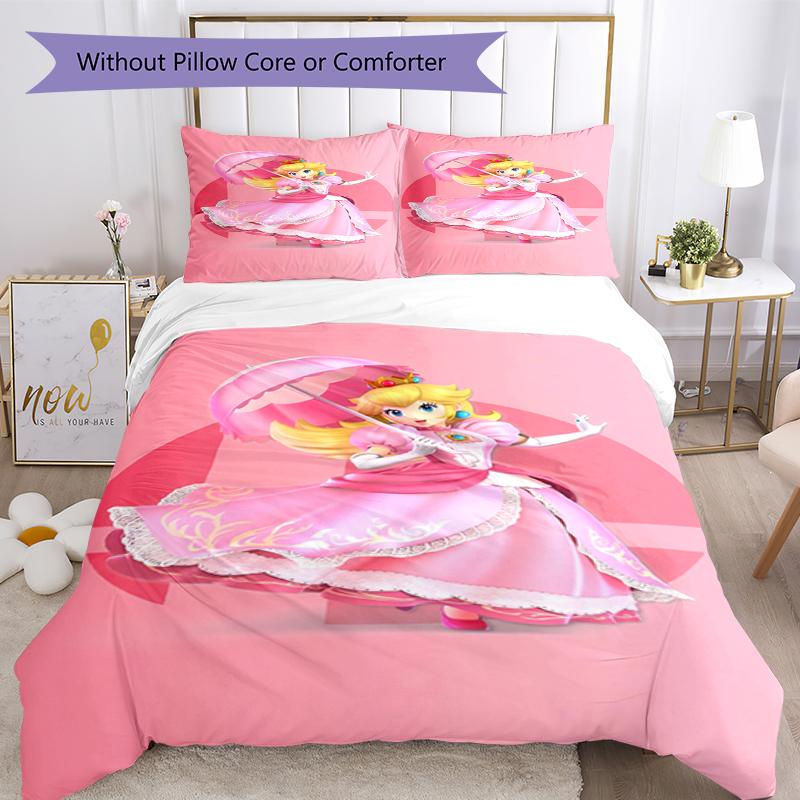 3pcs Princess Peach Bedding Set Duvet Cover Closure Includes 1 Duvet Cover & 2 Pillowcases, Soft and Comfortable for All Seasons.