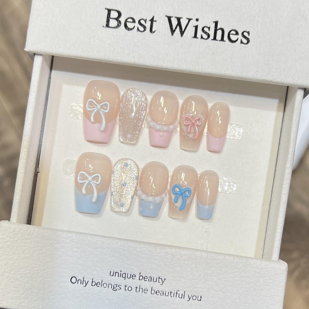 Summer Fresh Wear Armor Handmade Polka Dot Cat Eye Bow Nude Skirt French Manicure Removable Nails