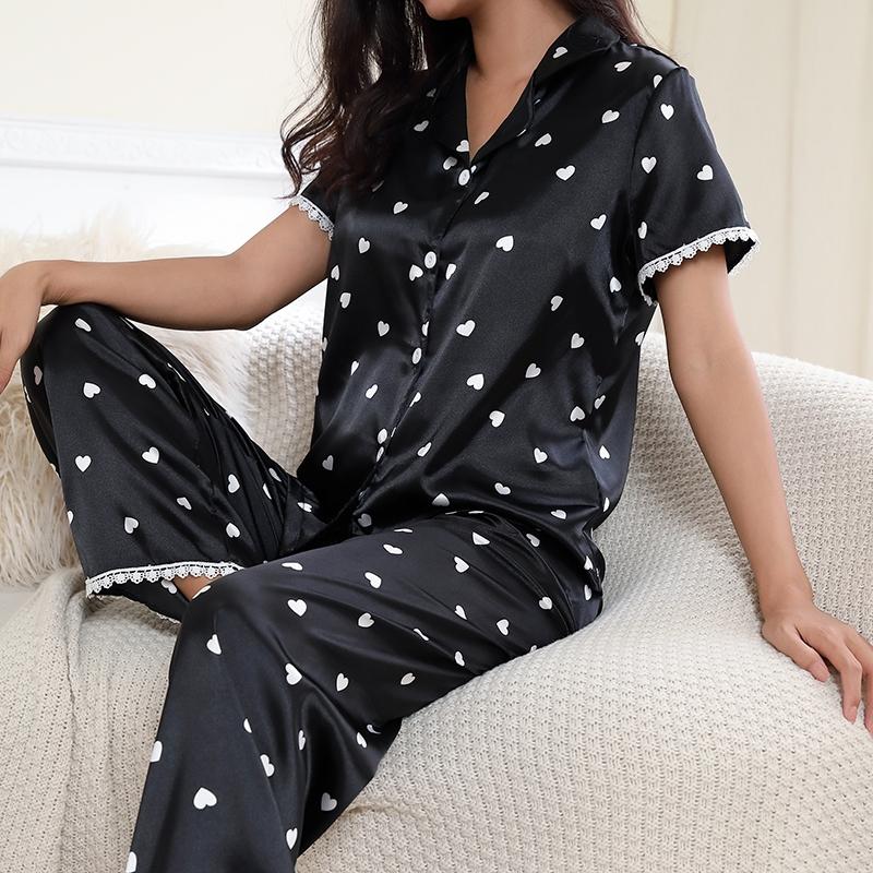 Женская пижама с принтом вишни и бабочек, атласный пижамный комплект с коротким рукавом, пуговицами, эластичным поясом, штаны, одежда для сна, домашняя одежда