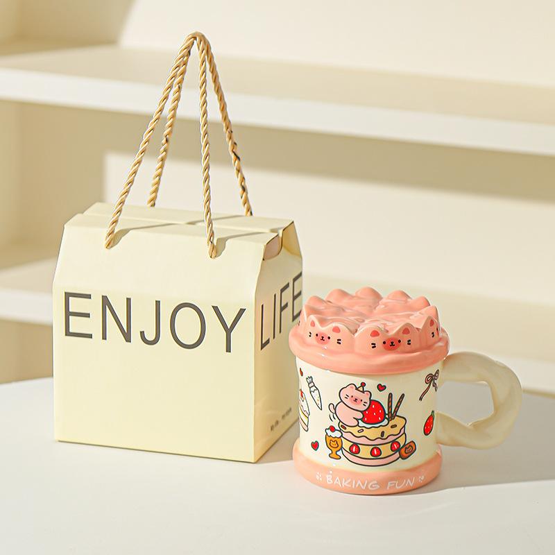 Нарисованная от руки кружка с милым котом «Торт на день рождения», офисная кружка для воды для высокой девушки с крышкой, домашняя парная керамическая кружка