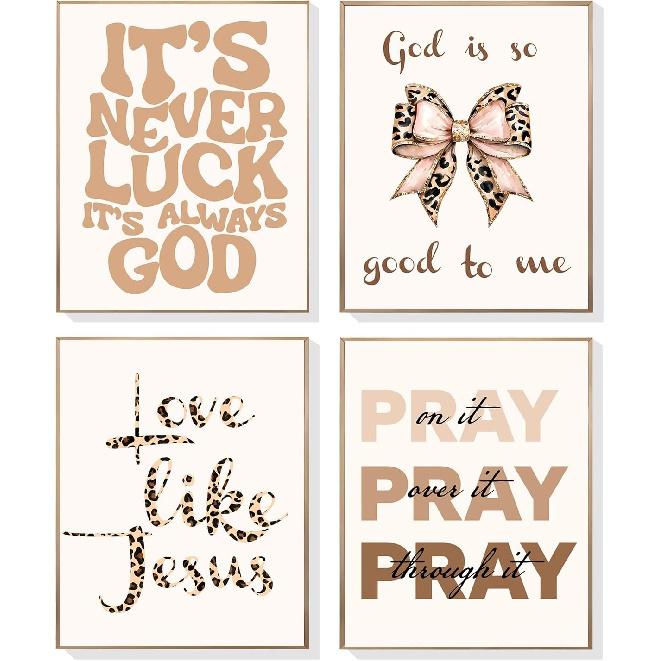 EVER-GOING TUNE Pink Girly Jesus Wall Decor Set of 4,pirational Bible Verses Bow Poster,pirational Bible Verses Bow Art Decor, for Girls Bedroom