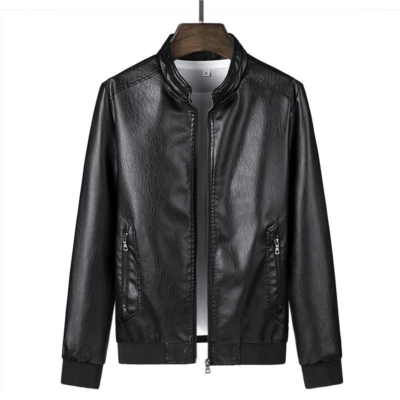 Men's leather jacket new slim stand-up collar jacket locomotive leather jacket men's spring and autumn medium and long