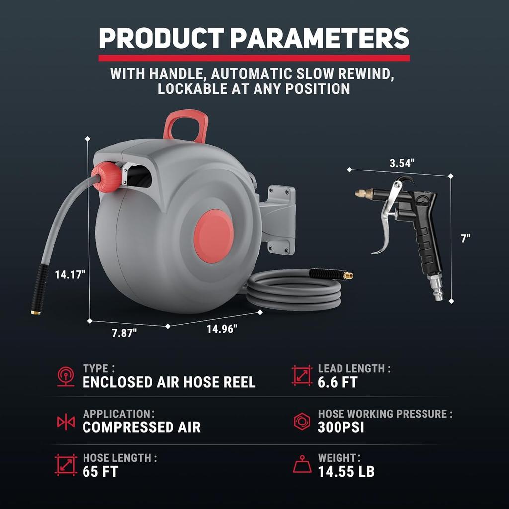 Выдвижная катушка для воздушного шланга 3/8 дюйма Катушка для воздушного шланга с пистолетом для продувки воздухом Фиксация любой длины Катушка для шланга воздушного компрессора Поворотное на 180° настенное крепление