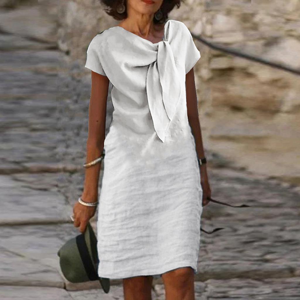 Fashion High Street Straight Loose Mid Dress Vintage O Neck Bow Tie Party Dresses Casual Office Lady Short Sleeved A-line Dress