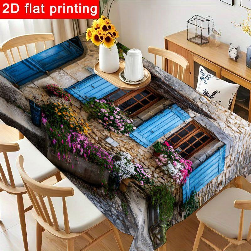 1pc Rustic Floral Tablecloth - Charming Stone Building Inspired Table Cover in Vibrant Colors, Reusable And Easy to Clean for Birthday Parties, Holida
