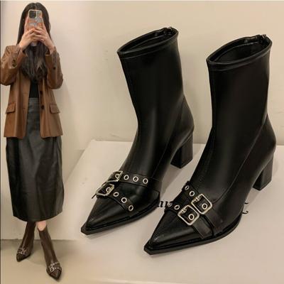 Модные ботильоны на высоком каблуке Женские массивные с острым носком Кожаные туфли Женские 2025Тренд Зимние лодочки Готическая мода Челси