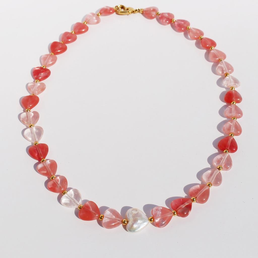 Light Luxury Niche Design Colored Natural Stone Love Beaded Necklace Women'S Peach Heart Baroque Pearl Collarbone Chain 674