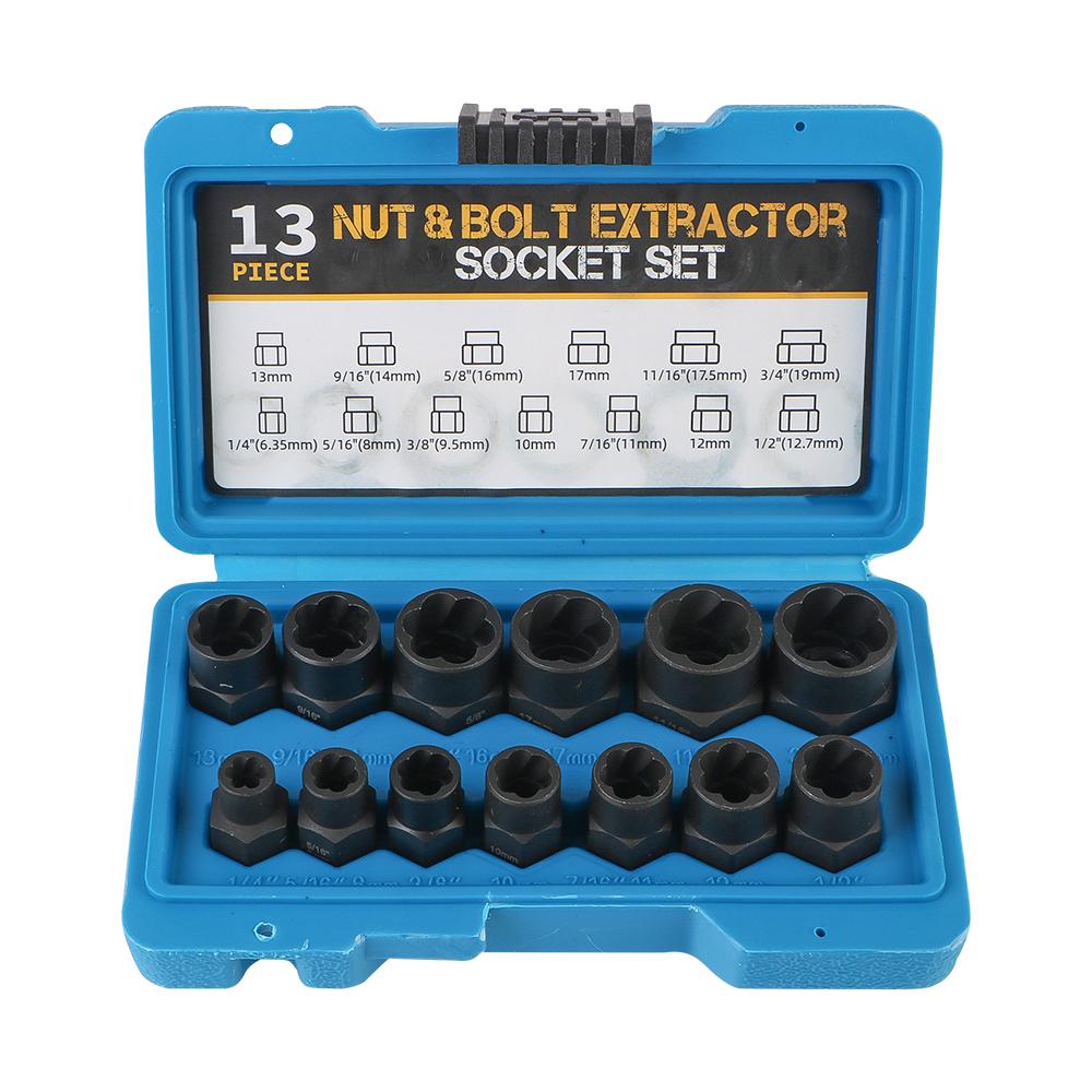 Damaged Stripped Nut and Bolt Remover Kit 3/8" Impact Bolt Nut Screw Remover Tool Set Nut Extractor Socket Socket Wrench 13PCS