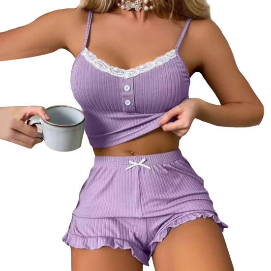 Женский сексуальный пижамный комплект из 2 предметов, ребристый кружевной топ на пуговицах, шорты с оборками по низу, комплект одежды для сна, летняя повседневная домашняя одежда