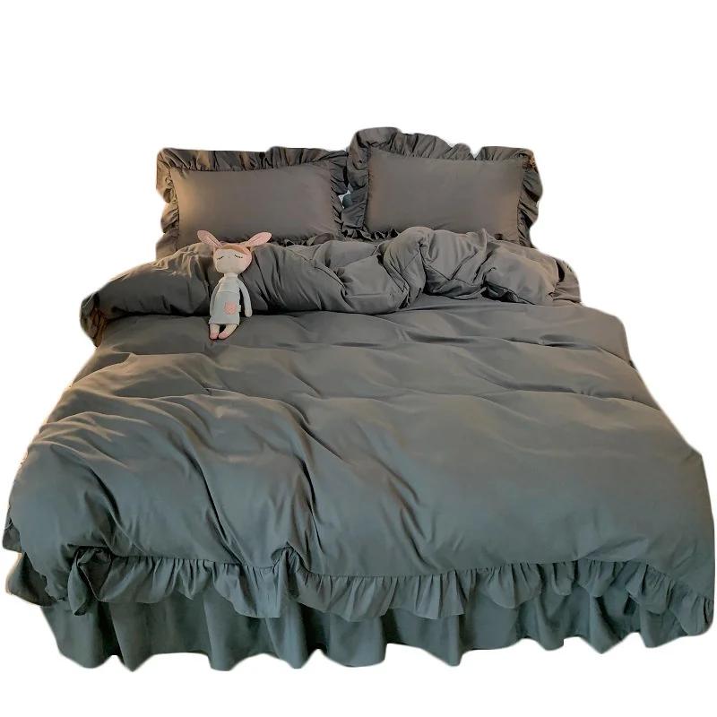 Комплект постельного белья Ins Princess Style для женщин, милых девочек, однотонные оборки, пододеяльник, простыня размера Queen King, юбка, наволочки