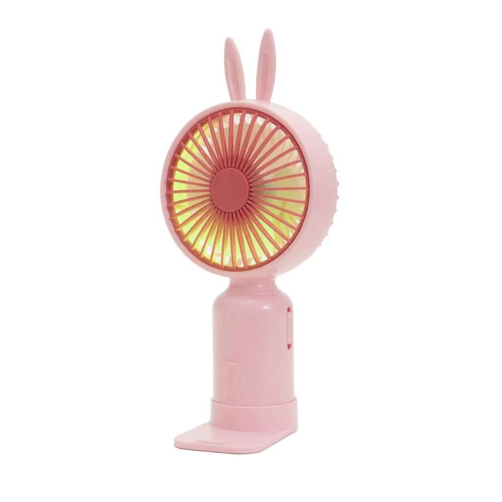 Portable Handheld Fan with Bunny Ear Design Rechargeable Battery Operated Small Desk Fan with Two Speed Settings and Gradient LED Light Base Fan