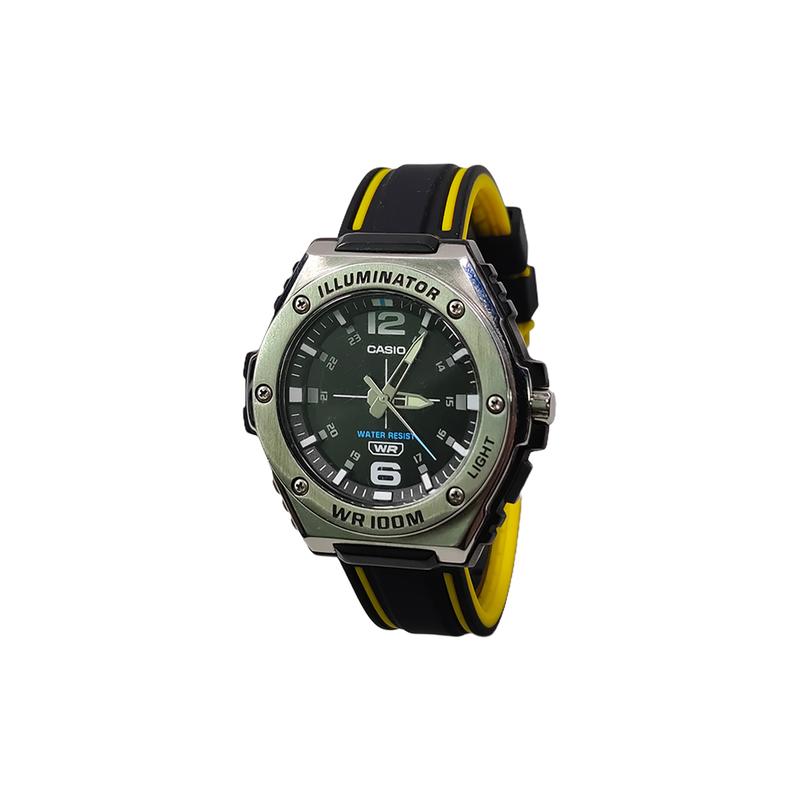 Casio Индивидуальные часы модифицированная серия водонепроницаемые и ударопрочные MWA-100HD-1A модифицированные-Сюаньсюань стекло Кварцевые силиконовые ремешок ЖелтыйЧерныйЦиферблат