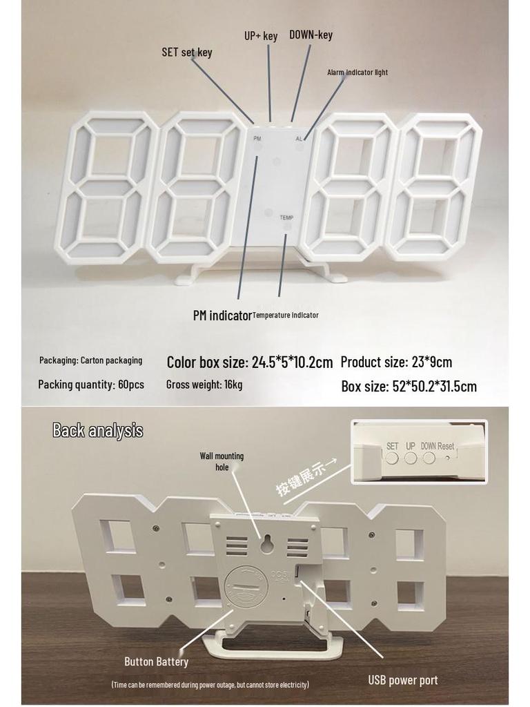 Luxury 3D LED Digital Wall & Desktop Clock - Luminous Alarm for Living Room