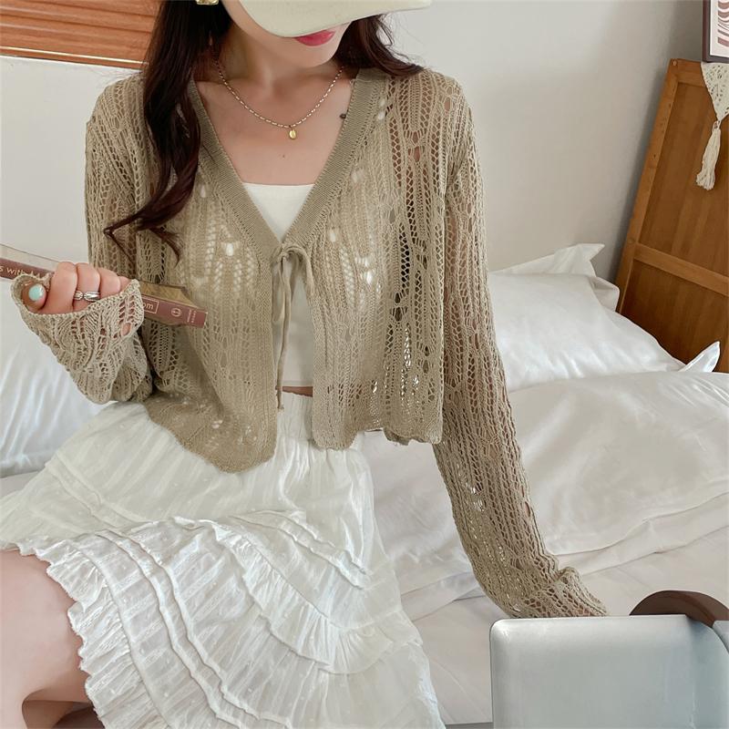 Summer Women's Knitted Shawl Sweaters Lady Hollow Out Tie Up Air-conditioned Shirt Mesh Thin See Through Look Long Sleeve Loose Tops Sunscreen Shirt