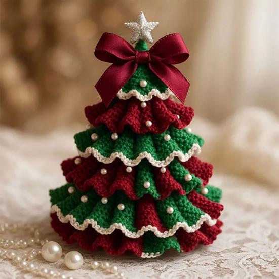 Handmade Crochet Christmas Tree DIY Xmas Tree Crochet Craft Starter Set with Bow And Faux Pearl for Beginners Knitting Holiday Decoration