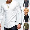 Men's Casual O-Neck Pullover Solid Color Ruffles Tee Tops Slim Fit Long Sleeve Asymmetrical T Shirt