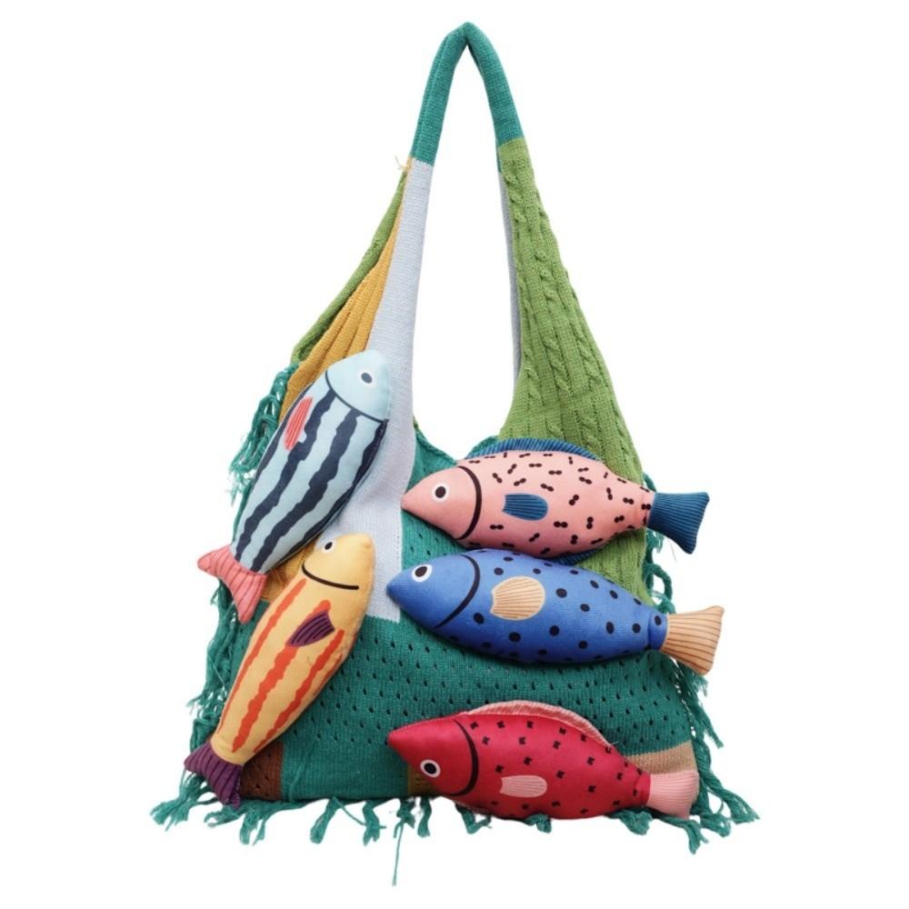 Fish Cotton Crochet Shoulder Bag Large Capacity Tassels Beach Handbag Hollow Out Woven Bag Beach