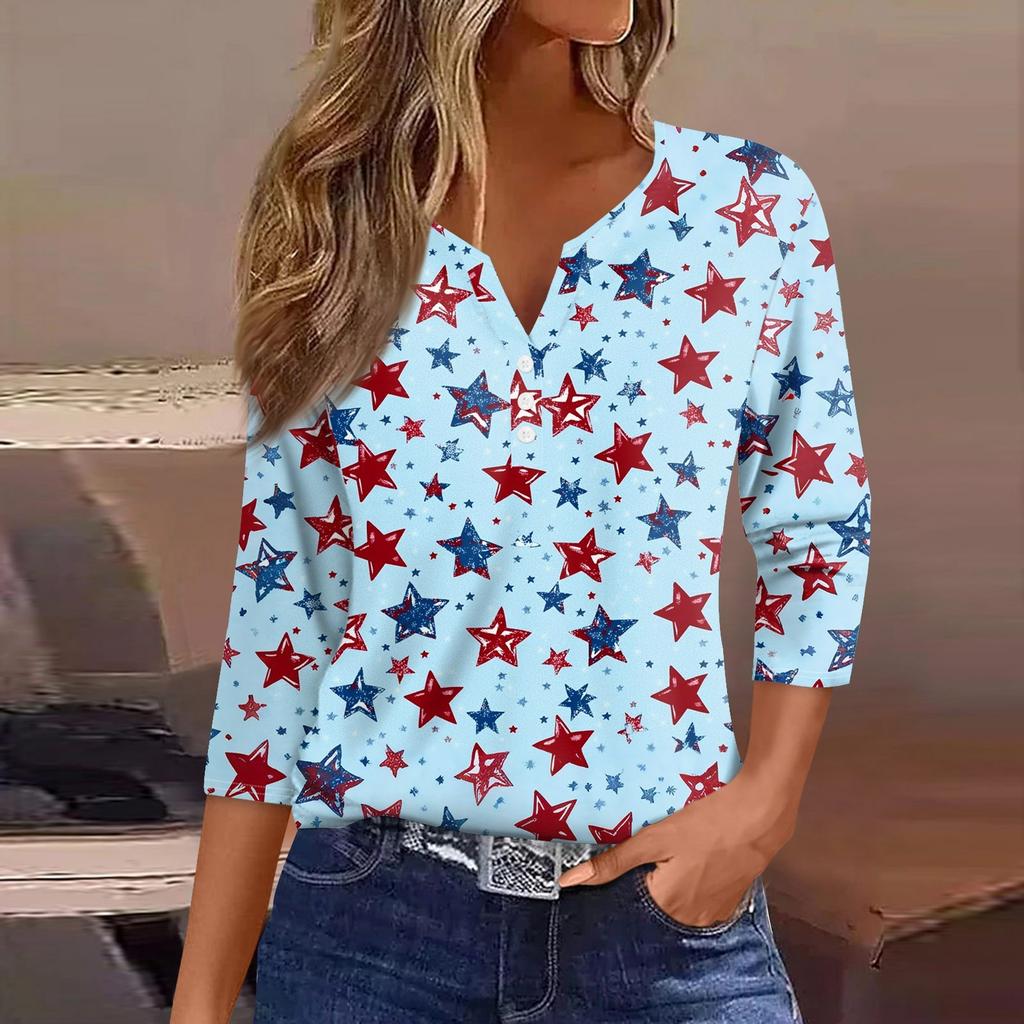 Жен. Футболка С принтом Пуговицы Рукав 3/4 Повседневные Выходные Мода Классический Классический V-образный вырез Обычный Верх