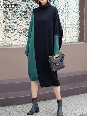 Свободное нерегулярное вязаное платье с рукавами «летучая мышь» контрастного цвета, женское платье HQQ1832
