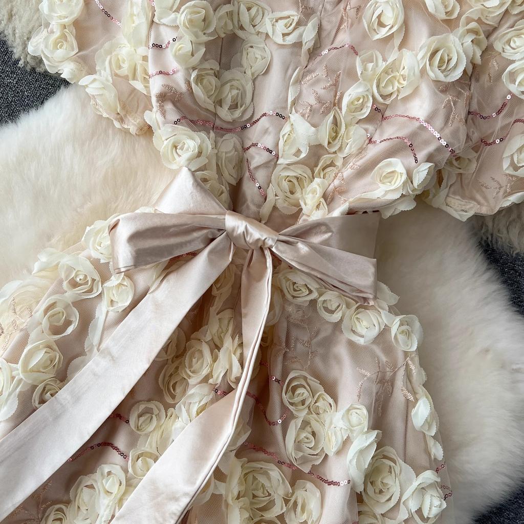 Summer Elegant Fairy Sequined Embroidery Flower Dress Women Chic Mesh Floral Lace Up Midi Evening Birthday Party Dresses