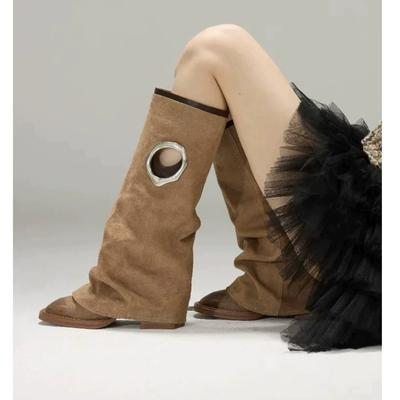 Бренд 2025 Новые Осенне-Зимние Сапоги с Круглым Носком Высокие Кожаные Металлические Рыцарские Сапоги Складные Сапоги Панк Стиль