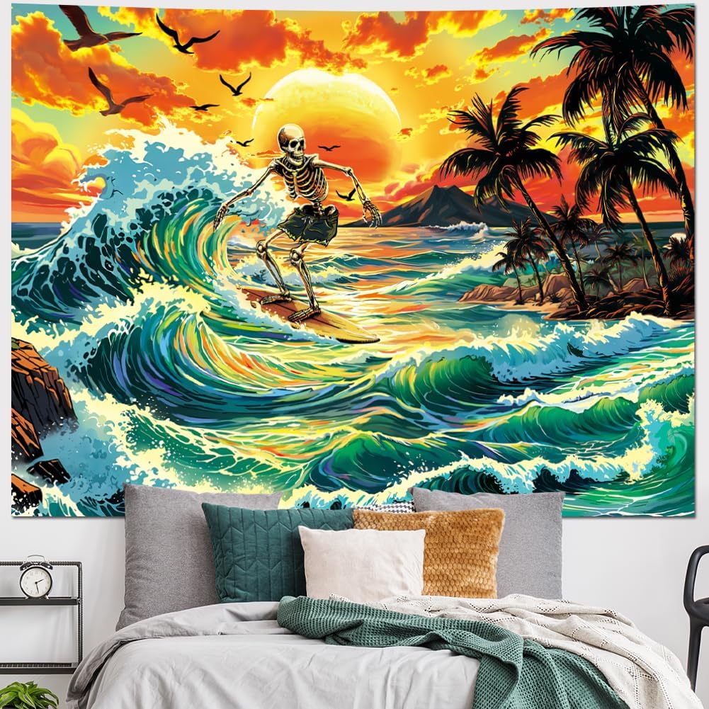 Epic Skeleton Surfing Tropical Sunset Ocean Wave Tapestry Boho Beach Wall Decor Art Print for Home Decoration