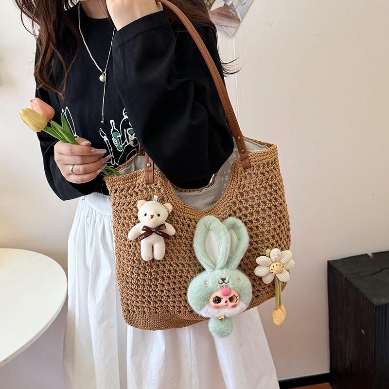 Large Straw Bangle Woven Tote With Double Straps For Summer Travel