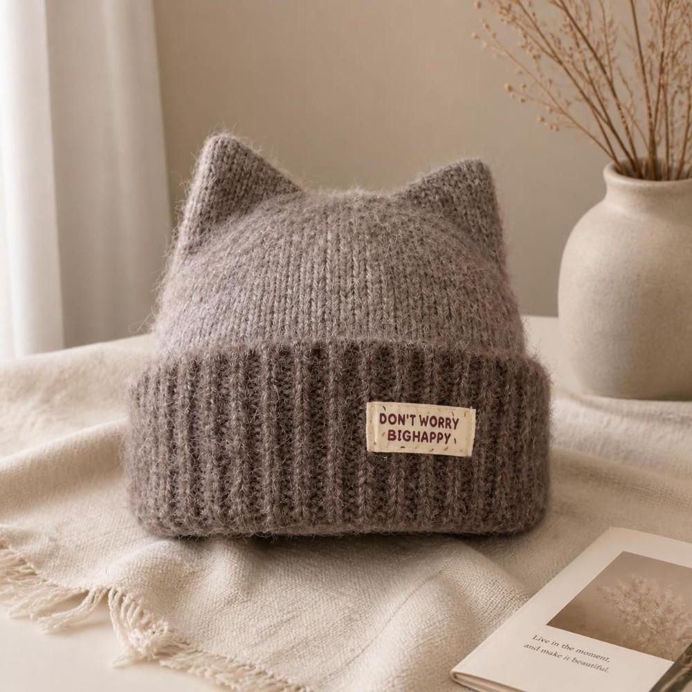 56-58cm Cat Ear Beanie Warm Lining Fall Winter Knit Hat Fleece Lined Knitted Hat Cold Weather