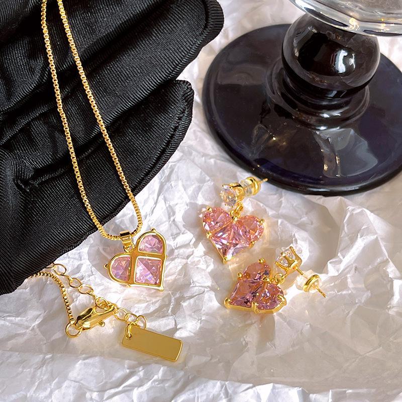 Комплект из позолоченных серебряных сережек в форме сердца и колье в форме сердца из циркония 5А для женщин