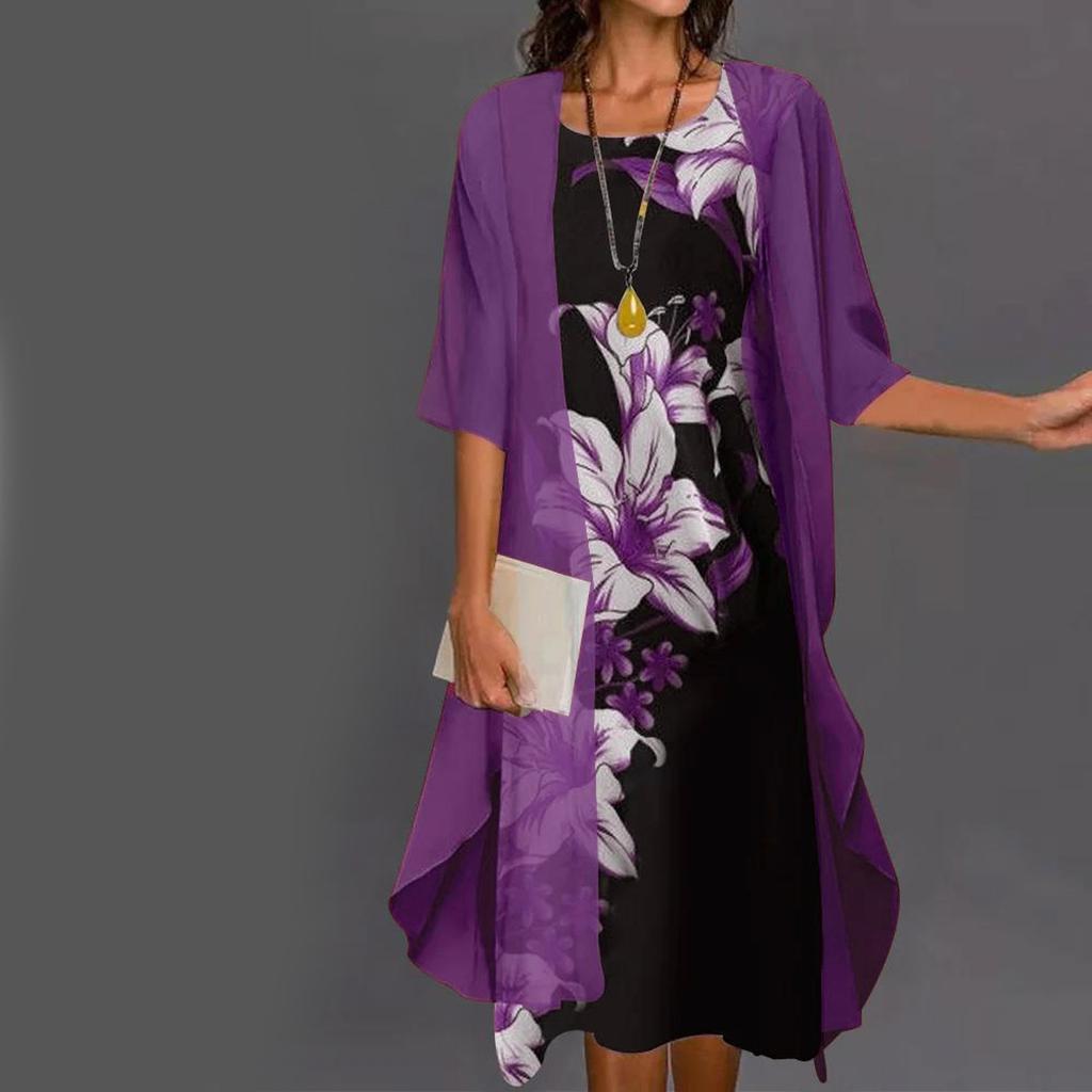 Ladies Tank Top Sleeveless Printed Dress Chiffon Cardigan Set Holiday Dress For Women