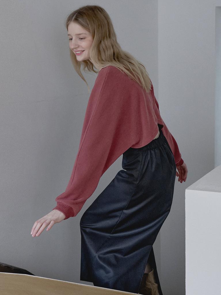 AVANT-G Back Slit Crop Knit T-Shirt - Brick