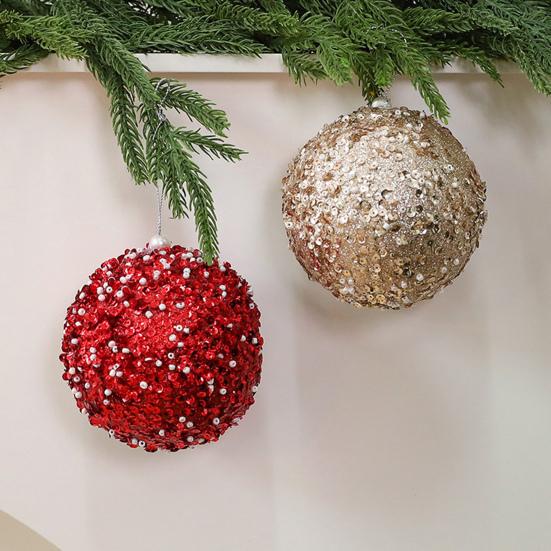 4 Pcs Christmas Ball Ornaments Glitter Sequin Shatterproof Foam Balls Decoration with Faux Pearl for Xmas Wedding Party Holiday Decor