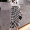 Осень Зима Элегантная Мода Принт Гусиная Лапка Юбки-карандаш Офисная Леди Высокая Талия Темперамент Все-сочетаемая Юбка Bodycon с Разрезом