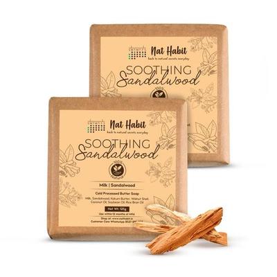 Nat Habit Холодная обработка успокаивающее мыло для ванны с маслом сандалового дерева для естественного отшелушивания, осветления кожи (Упаковка 2 х 125 г)