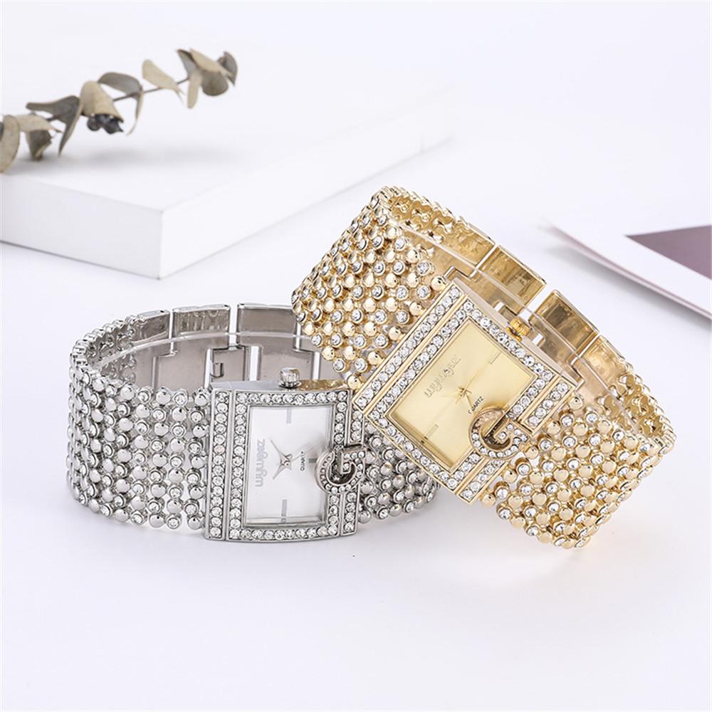 Простые квадратные золотые женские часы Модные классические часы из сплава с бриллиантовым браслетом Женские часы Золотые Серебряные с бриллиантовой шкалой Циферблат Кварцевые Reloje