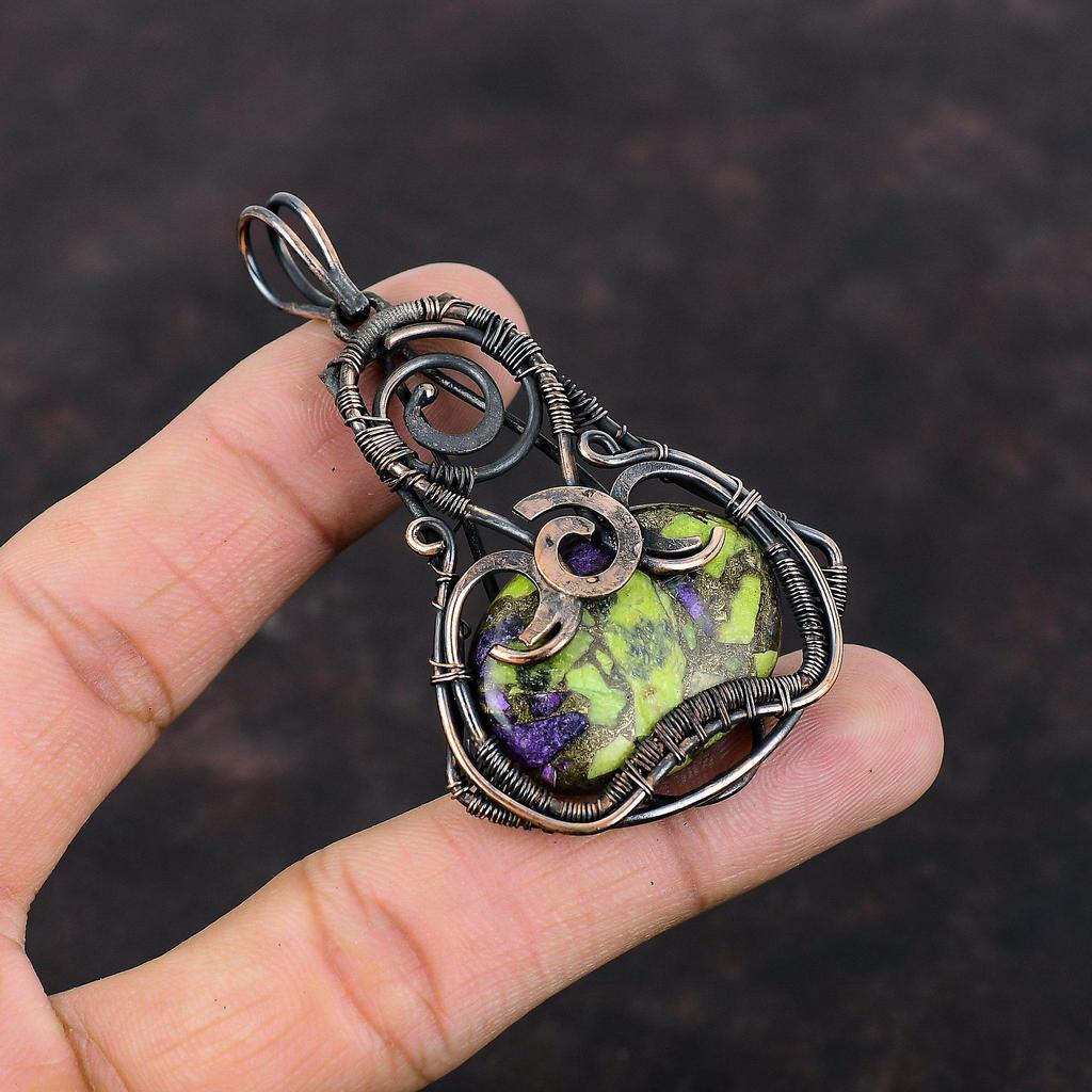 Медный кулон стихтитом, обернутый медной проволокой, кулон ручной работы из меди, кулон с настоящим драгоценным камнем, подарок на годовщину, ювелирные изделия стихтитом